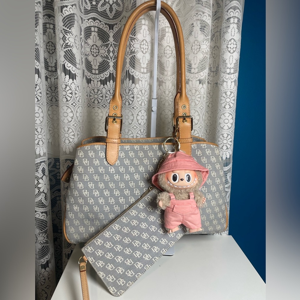 Dooney & Bourke Gray Logo Shoulder Bag with Tan Trim